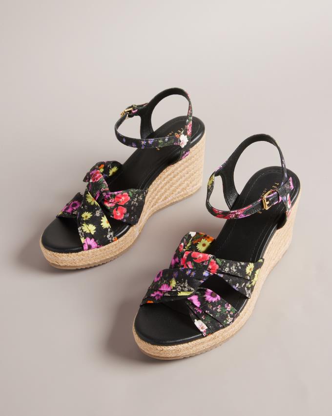 Chaussures à Talons Ted Baker Floral Soft Knot Espadrille Wedges Noir Femme | PZZ-64645638